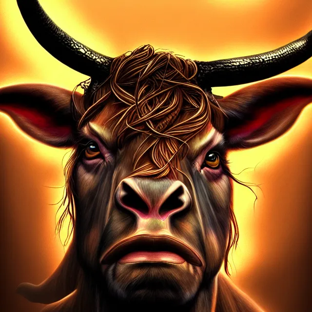 Prompt: full colour portrait, minotaur, digital airbrush, dramatic lighting, extremely high detail, intimidating, intricate line drawings, artstation, deviantart, WLOP, Pixiv