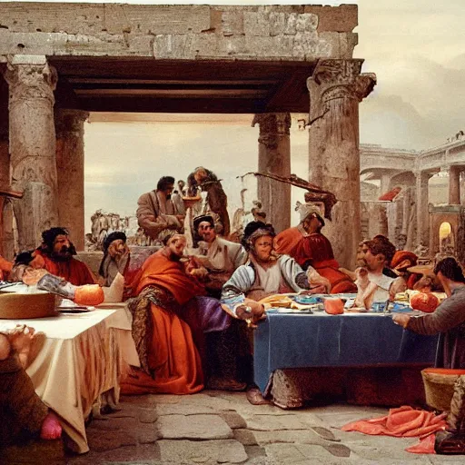 Image similar to Two men arguing at a crowded table at a Roman feast, beautiful and realistic matte painting