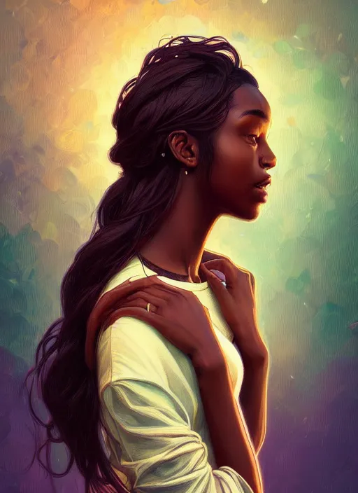 Image similar to handsome young black women with shoulder length brown hair, half body shot, path traced, highly detailed, high quality, digital painting, alena aenami, lilia alvarado, shinji aramaki, karol bak, alphonse mucha, tom bagshaw