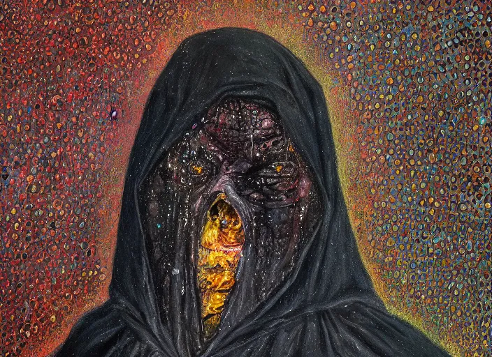 Image similar to dark figure in cloak, hooded shadow, oil, pastel, acrylic, oil on canvas, high detail, dots, stippling, clay, high resolution, clay, fractal, drip, drops, pulled apart, style of francis bacon, fractal paint