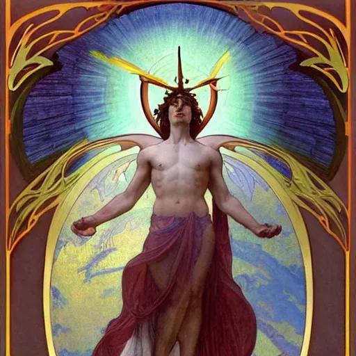 Prompt: A stunning, breathtaking, awe-inspiring, award-winning, concept art nouveau painting of Lucifer standing tall triumphantly invincible over the remains of Heaven, light-bringer, the morning star, cosmos, deep space, trending on ArtStation , by Michelangelo, Alphonse Mucha, Michael Whelan, William Adolphe Bouguereau, John Williams Waterhouse, and Donato Giancola, exquisite, intricate, dramatic, hyperrealistic, atmospheric, cinematic, 8k