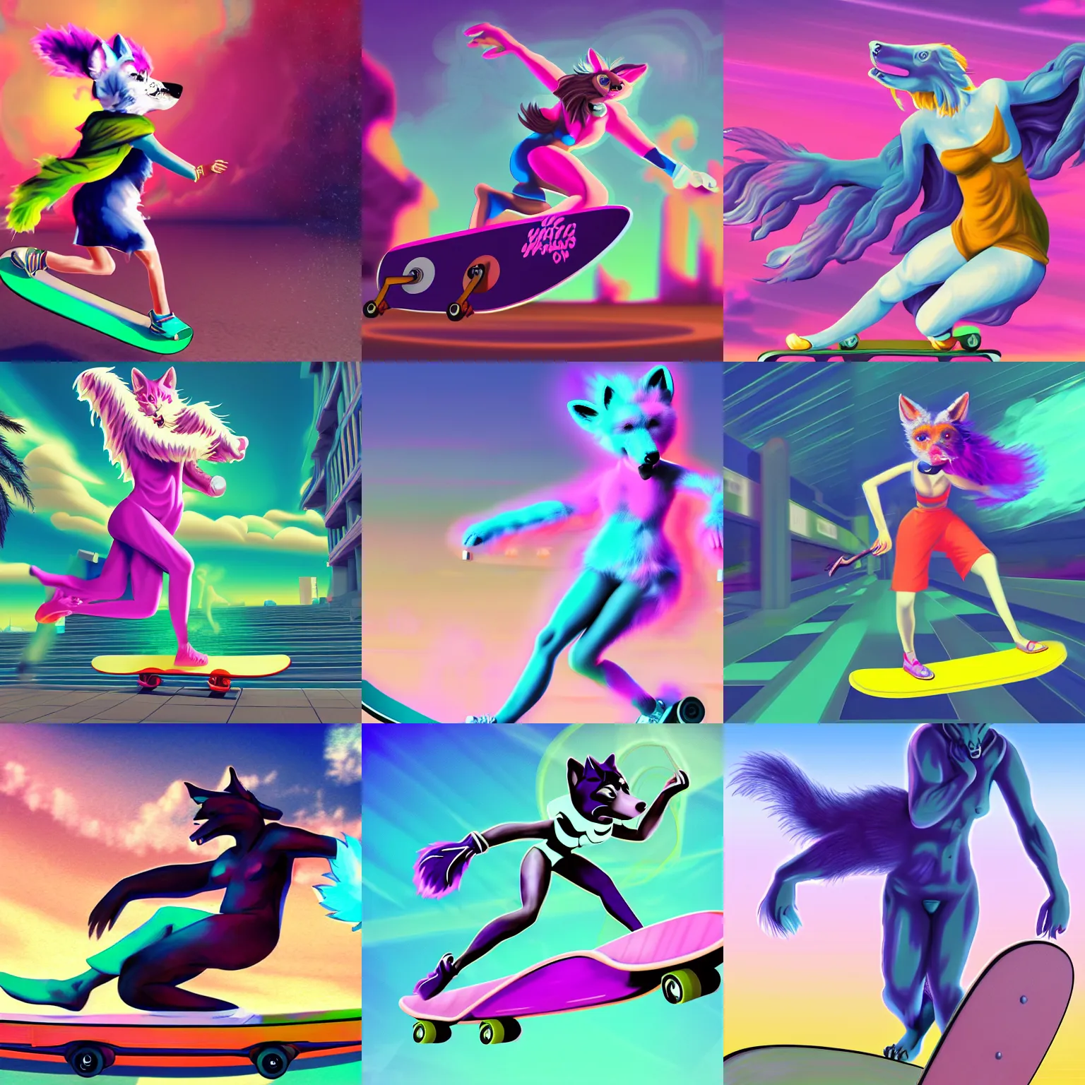 Prompt: vibrant action shot of an anthropomorphic furry woman greek statue riding a skateboard with vaporwave background, furaffinity