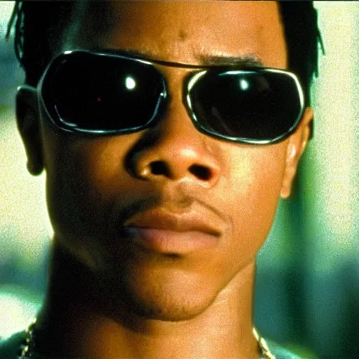 Image similar to a film still of Lil Bow Wow starring in The Matrix (1999), close up, shallow depth of field