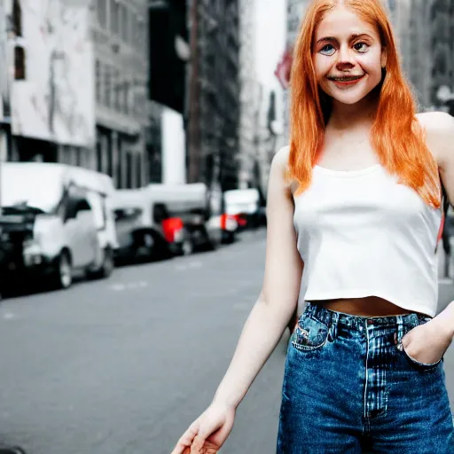 Image similar to Portrait photograph of a Strawberry-Blonde Girl, Young Beautiful Face, Green Eyes, Freckles, Wearing a white crop-top and jeans, with a subtle smile, Humans of New York Style, Leica Camera 50mm lens, street photography, grainy film photo