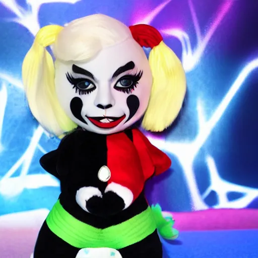 Image similar to an happy lady gaga in harley quinn pupyplush doll, background dark, portrait, 8k