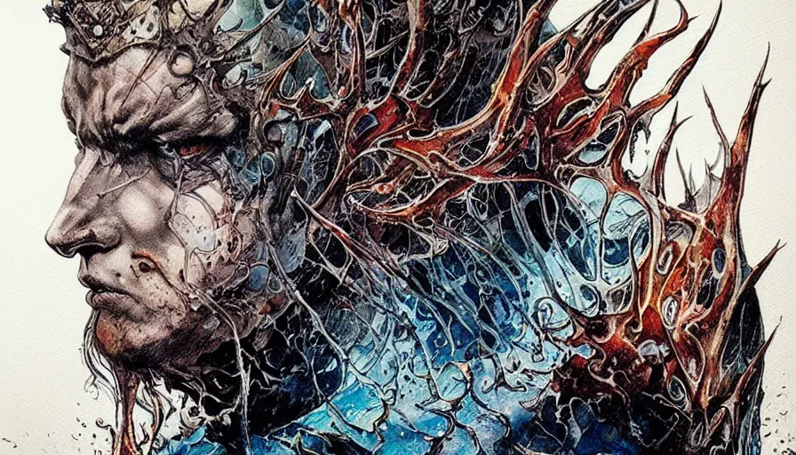 Prompt: the king of the abyss from elden ring by sandra chevrier, william blake, moebius, atmospheric, fine details, vivid, neon, masterpiece