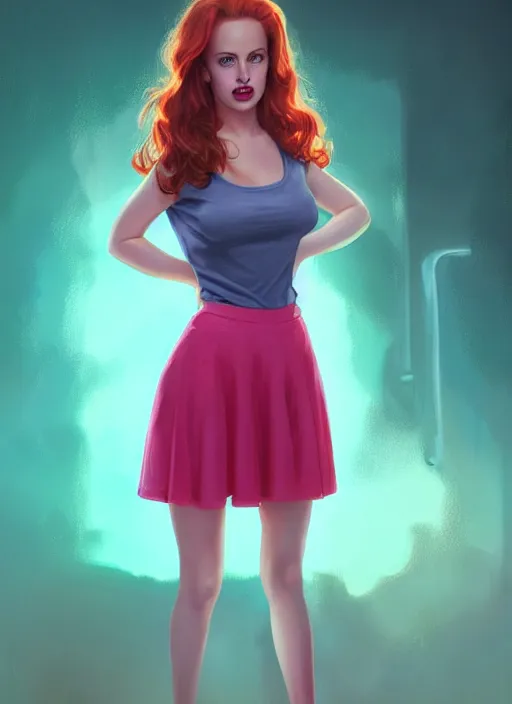 Image similar to full body portrait of teenage cheryl blossom, bangs, green eyes, sultry expression, red hair, sultry smirk, bangs and wavy hair, pink skirt, intricate, elegant, glowing lights, highly detailed, digital painting, artstation, concept art, smooth, sharp focus, illustration, art by wlop, mars ravelo and greg rutkowski