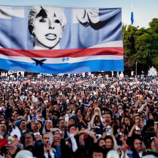 Image similar to Lady Gaga as president, Argentina presidential rally, Argentine flags behind, bokeh, giving a speech, detailed face, Argentina