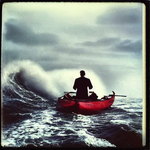 Prompt: a man in a small rowboat on tumultuous ocean. Big waves. Maelstrom storm clouds and rain. Polaroid