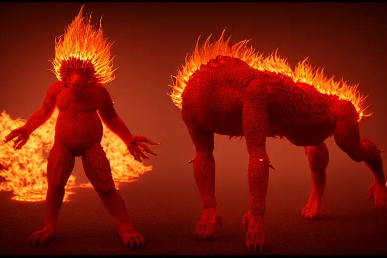 Image similar to fire creature made out of a humanoid nervous system with large meaty spikes all over the body, cinematic, volumetric lighting, f 8 aperture, cinematic eastman 5 3 8 4 film, photorealistic