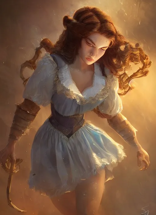 Image similar to beautiful female Dorothy gale, full body character concept, armor, super powers, fantasy, intricate, elegant, highly detailed, digital painting, artstation, concept art, shining, sharp focus, illustration, art by stanley lau