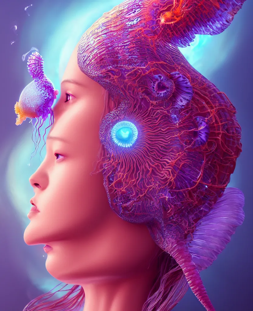 Image similar to goddess close-up portrait. orchid jellyfish phoenix head, nautilus, skull, betta fish, bioluminiscent creatures, intricate artwork by Tooth Wu and wlop and beeple. octane render, trending on artstation, greg rutkowski very coherent symmetrical artwork. cinematic, hyper realism, high detail, octane render, 8k