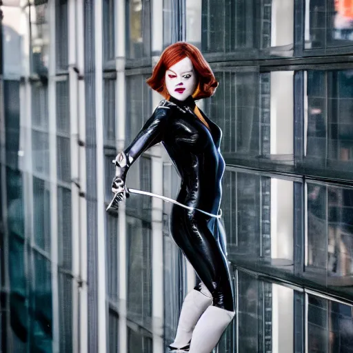 Image similar to Emma Stone as Catwoman, XF IQ4, 150MP, 50mm, F1.4, ISO 200, 1/160s, natural light