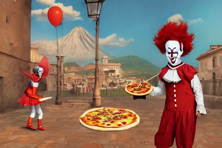 Image similar to pennywise as pulcinella! with a pizza! margherita! in front of vesuvius!, by esao andrews, by james jean, humorous illustration, hyperrealistic, big depth of field, warm colors, night scenery, low light, 3 d octane render, 4 k, conceptart, masterpiece, hyperrealistic, trending on artstation