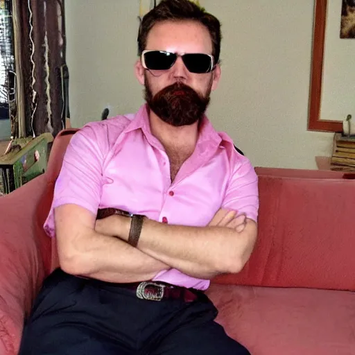 Prompt: a man in a pink shirt with brown hair and a beard laying on a therapist couch, sunglasses, insanely detailed, face enhance, masterpiece