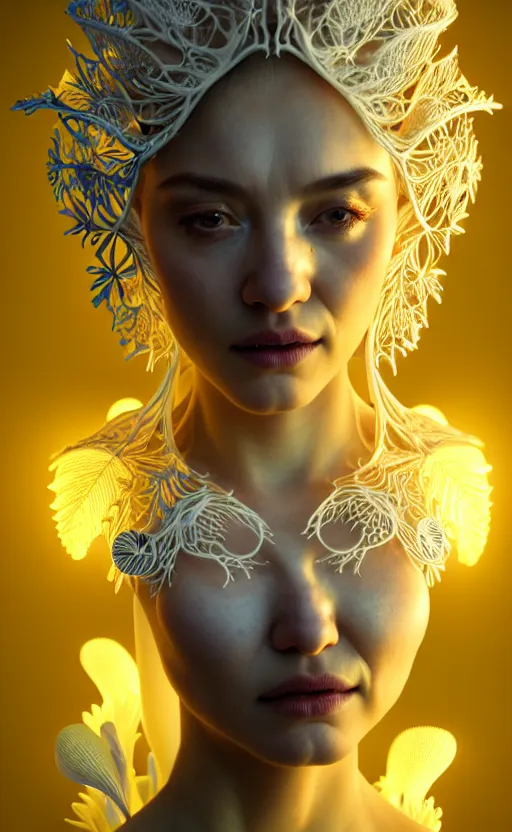 Image similar to intricate hyper detailed ultra sharp 3 d render of a beautiful porcelain seductive woman portrait, medium shot portrait, bright light, alexandre ferra mecha, cyberpunk mechanical haute couture huge white fractal mycelum and fungi, magnolia goliath head ornaments, big embroidered leaves filigree sinuous roots, yellow pistil, octane render, volumetric cinematic lighting, 8 k, vray tracing