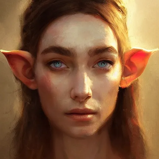 Prompt: A detailed oil portrait of an elf woman with small copper horns wearing a simple white robe, by greg rutkowski, trending on artstation, dungeon and dragons art