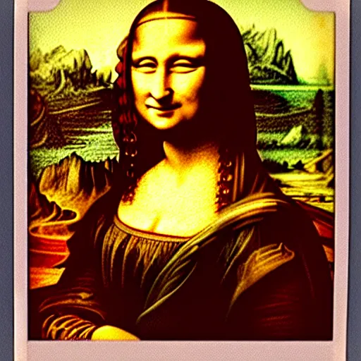 Image similar to polaroid image of the mona lisa on a broken wooden floor.