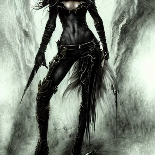 Image similar to nice girl with fantasy outfit in the style of luis royo and boris