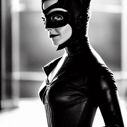 Image similar to Emma Watson as Catwoman, XF IQ4, 150MP, 50mm, f/1.4, ISO 200, 1/160s, natural light, Adobe Lightroom, photolab, Affinity Photo, PhotoDirector 365, filling the frame, rule of thirds, symmetrical balance, depth layering