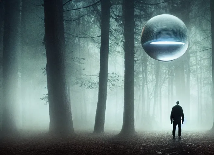 Image similar to a man and an alien ship in the form of a glowing sphere, dark forest, fog, rain, volumetric lighting, beautiful, mystique, golden hour, sharp focus, ultra detailed, concept art, gilles beloeil, andy park, jan urschel, dylan cole, noir art house, 4 k, 3 5 mm, fujifilm