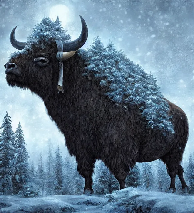 Prompt: a huge 1 5 meter high titan - buffalo with snow trees on it, fantasy art, d & d art, digital art, concept art, high detailed