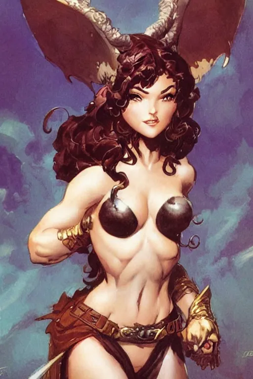 Image similar to a cute fantasy woman by frank frazetta and ross tran