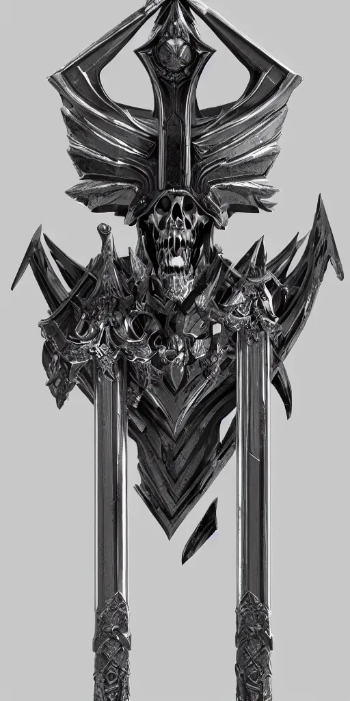 Image similar to a black and silver sword skull crest, ornament, weapon, a 3 d render by dom qwe, trending on polycount, artstation, hard surface modeling, zbrush, symmetry