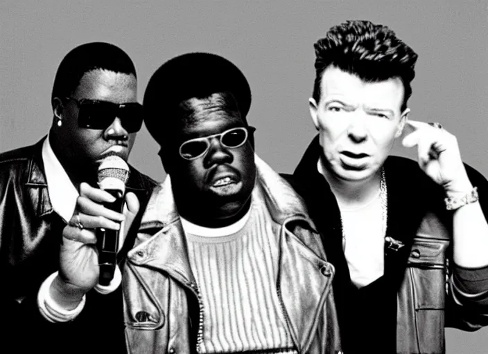 Prompt: Rick Astley in singing into a microphone, Tupac and Biggie Smalls in the background, 1980s MTV music video