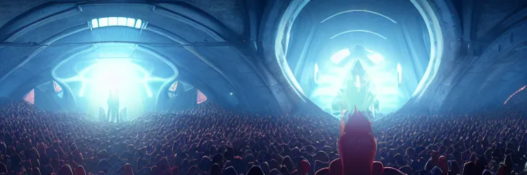 Image similar to a crowd of worshipers praying to a portal to hell, by Antoine Collignon, luminous lighting, cinematic, panoramic, aspect ratio 1:3