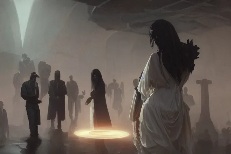 Prompt: a hyperrealistic render of people in white circulating a black alien cube, worship, order, outdoor, by Artgerm,Greg Rutkowski,Alphonse Mucha, Beautiful dynamic dramatic dark moody lighting,shadows,cinematic atmosphere,Artstation,concept design art,Octane render,8K