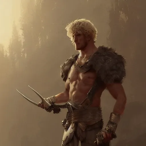 Image similar to Logan Paul With warrior armor , artstation, Greg rutkowski, cinematic, digital Art