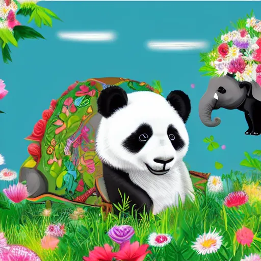 Image similar to beautiful panda riding an elephant among flowers chasing corgi, many small details, post modern style, digital art