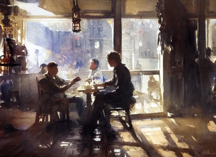 Image similar to oil watercolor painting of young guy in western bar, mysterious light, art by anders zorn, wonderful masterpiece by greg rutkowski, beautiful cinematic light, american romanticism by greg manchess, creation by tyler edlin