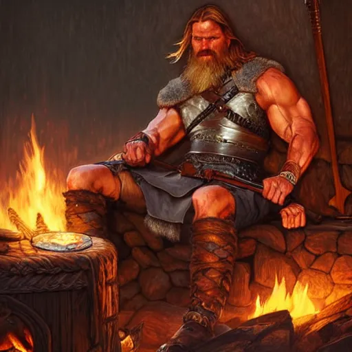 Prompt: Rugged male Viking warrior relaxing by the fire, relaxed, D&D, muscular, upper body, fantasy, intricate, elegant, highly detailed, digital painting, artstation, concept art, smooth, sharp focus, illustration, art by artgerm and greg rutkowski and alphonse mucha