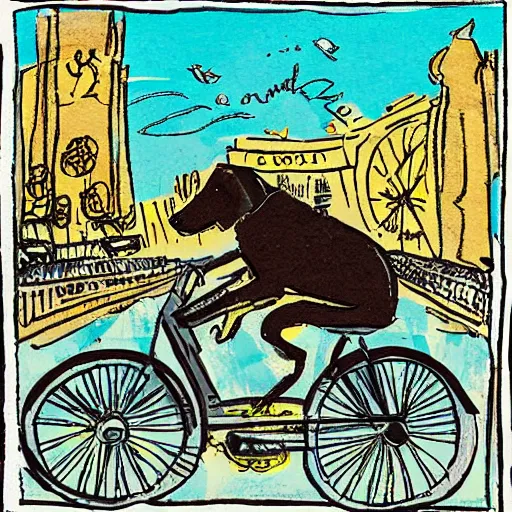 Image similar to illustration of a dog riding a bike in paris in the style of p. d. eastman