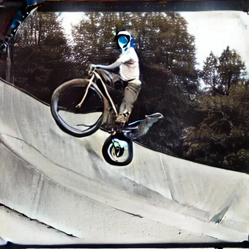 Image similar to Polaroid of Don Johnson doing a stoppie on his mongoose BMX with skyway mag wheels