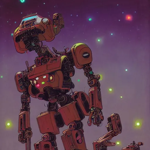 Prompt: a dark and colorful close - up of a sci - fi mecha courage the cowardly dog with led lights glowing fog in the background. highly detailed science fiction painting by norman rockwell, frank frazetta, and syd mead. rich colors, high contrast, gloomy atmosphere, dark background. trending on artstation