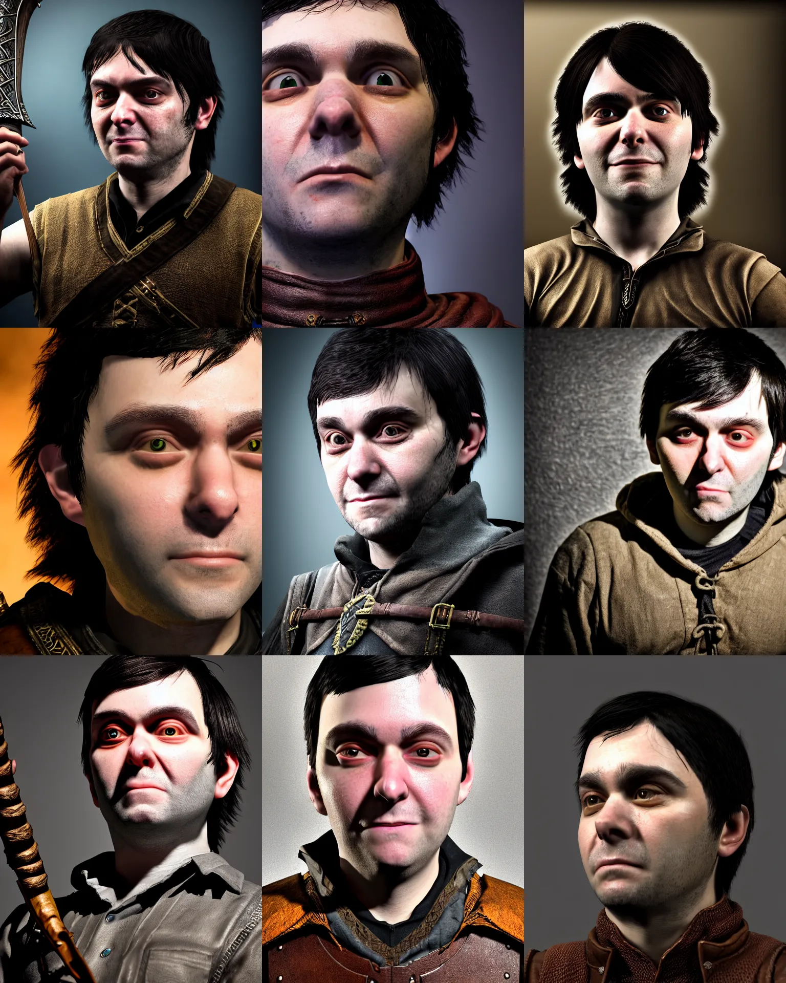 Prompt: closeup selfie portrait of martin shkreli as a skyrim bard, downward somber expression, enb, rugged details, inspired by kiko rodriguez and kyle lambert, 4 k, bright flash, masterpiece, post - processing, soft vignette, concrete brick background, 5 0 mm lens, bokeh, 8 k blender render