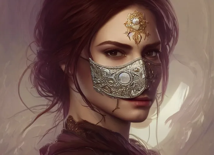 Prompt: masked, perfectly-centered-Portrait of the most beautiful woman on the planet , intricate, highly detailed, artstation, concept art, smooth, sharp focus, illustration, Unreal Engine 5, 8K, art by artgerm and greg rutkowski and alphonse mucha