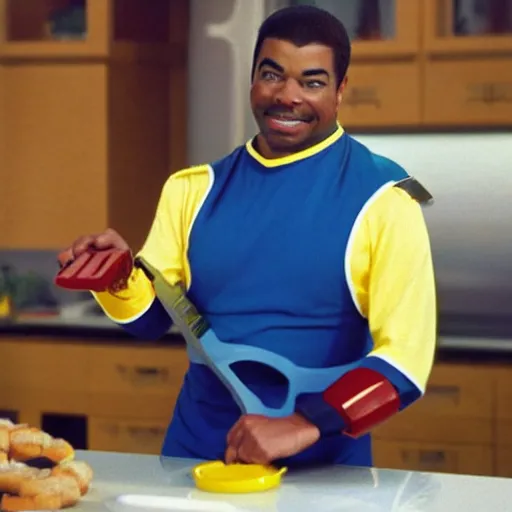 Image similar to Geordi LaForge wearing visor and a colander and random kitchen tools on his head