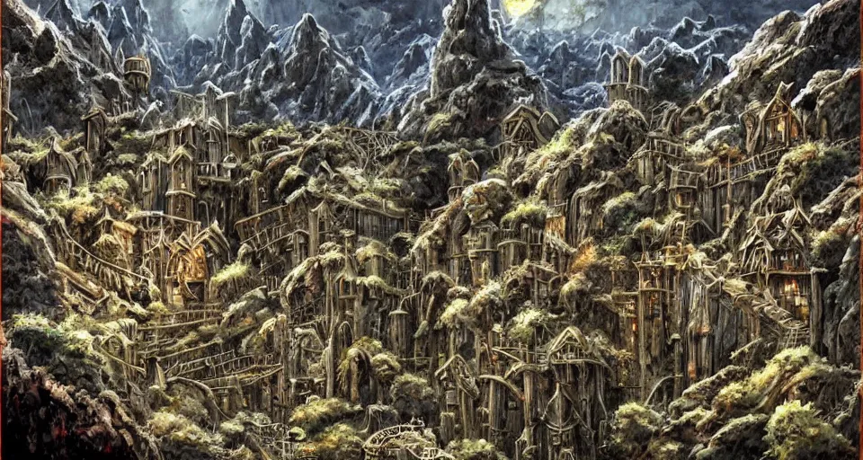 Image similar to Masterfully painted mspaint art piece of middle-earth's 'Mines of Moria' painted by Makoto Shinkai and Studio Ghibli. View from underground within ancient dwarven mining equipment and architecture. Amazing beautiful incredible wow awe-inspiring fantastic masterpiece gorgeous fascinating glorious great.