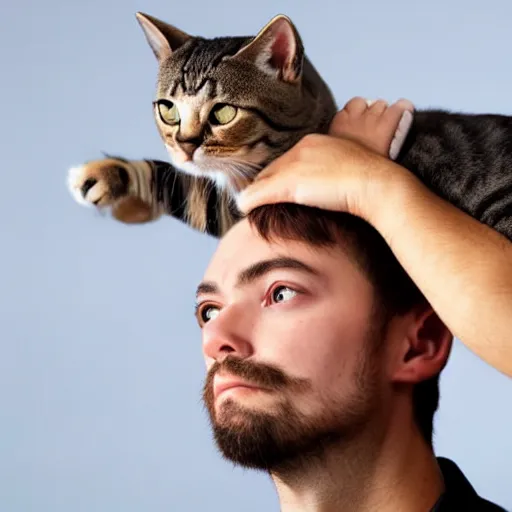 Image similar to a cat sitting on an angry man's head, stock photo