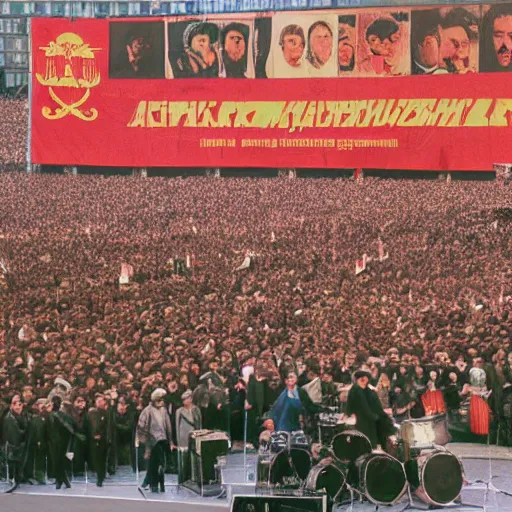 Prompt: documentary photo of The Beatles on scene live Moscow perform at in honor of the anniversary of the Great October communist Revolution at stadium, banners with lenin, colorful photo, wide angle, 4k resolution, cinematic