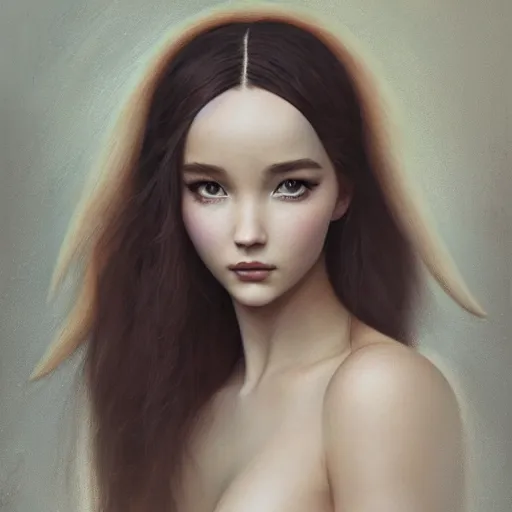 Image similar to tom bagshaw portrait, beautiful asian mix of dove cameron madison beer bella poarch in a full dress body, etheral makeup, ornamentals, professionally retouched, focus eyes, ultra realistic soft painting, insanely detailed linework, symmetrical accurate intricate features, behance, 8 k