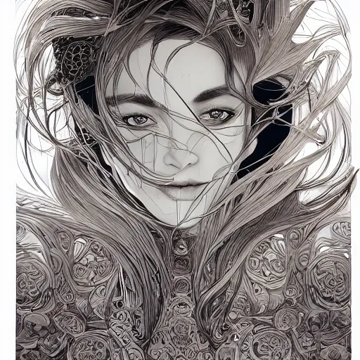 Image similar to the head of a beautiful woman, an ultrafine detailed illustration by james jean, final fantasy, intricate linework, bright colors, behance contest winner, vanitas, angular, altermodern, unreal engine 5 highly rendered, global illumination, radiant light, detailed and intricate environment