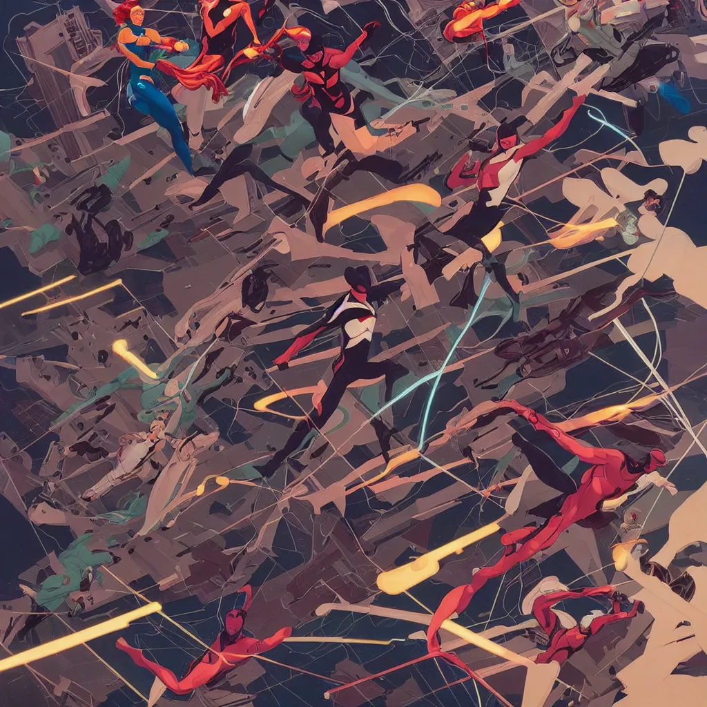 Image similar to Joshua Middleton comic art, superheroes flying in the sky fighting, shooting neon lasers at each other from their hands, 8K, hyper detailed, full body heroes, city landscape urban background, damage and destruction