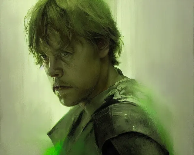 Image similar to portrait of luke skywalker in shades of grey but with green by jeremy mann