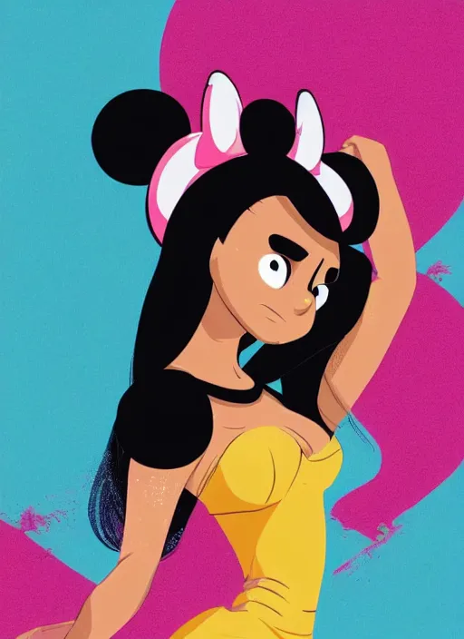 Prompt: woman, black hair, tan skin, curvy, slight resemblance to selena gomez with mickey mouse ears. colorful clothes. clean cel shaded vector art. shutterstock. behance hd by lois van baarle, artgerm, helen huang, by makoto shinkai and ilya kuvshinov, rossdraws, illustration,