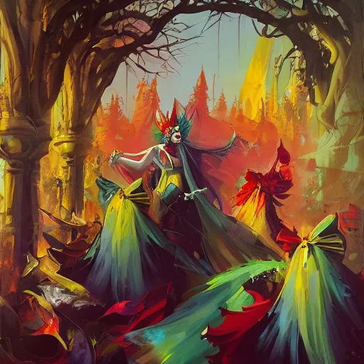 Image similar to a beautiful and vivid and colorful peter mohrbacher and andreas rocha impasto acrylic painting of a masquerade ball